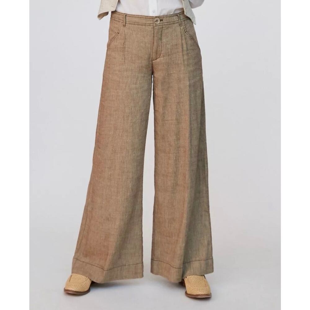 Anthropologie Linen Wide Leg Pants Neutral Tan Size 12 Classic Minimalist Office